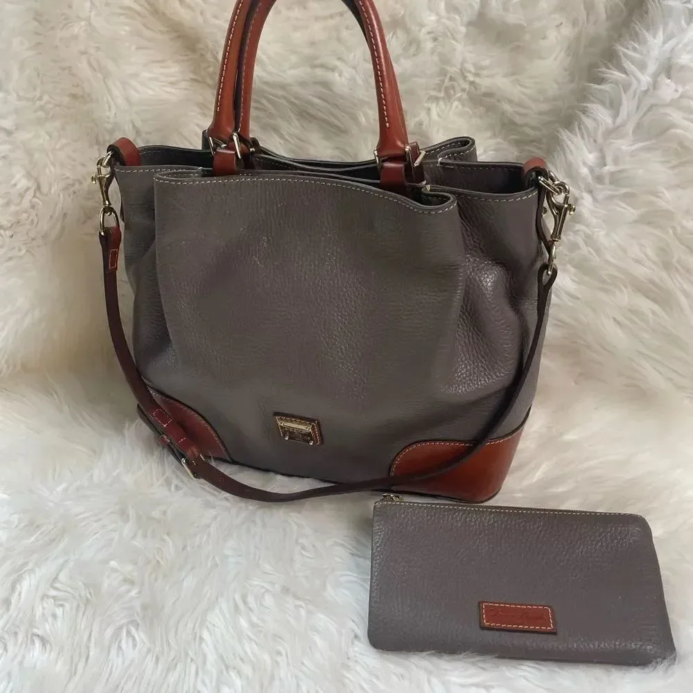 Dooney & Bourke Brenna Gray pebble Leather satchel tanTrim & Strap bonus pouch.